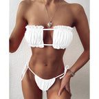 Bikini  Pleated Swimsuit Female Swimwear Women's  Ruffle Tie Side Bikini Set High Cut Strapless Padded Solid Bathing Suit Women Mini Thong Bikini Set Bather Swimming Beachwear For Bathing Suit Stevvex