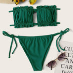 Bikini  Pleated Swimsuit Female Swimwear Women's  Ruffle Tie Side Bikini Set High Cut Strapless Padded Solid Bathing Suit Women Mini Thong Bikini Set Bather Swimming Beachwear For Bathing Suit Stevvex