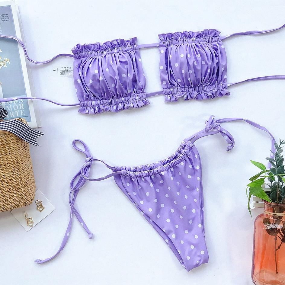 Bikini  Pleated Swimsuit Female Swimwear Women's  Ruffle Tie Side Bikini Set High Cut Strapless Padded Solid Bathing Suit Women Mini Thong Bikini Set Bather Swimming Beachwear For Bathing Suit Stevvex