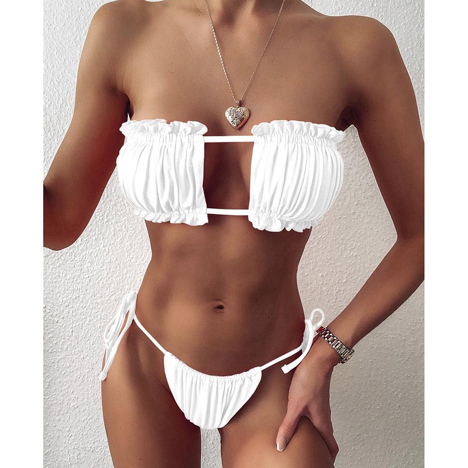 Bikini  Pleated Swimsuit Female Swimwear Women's  Ruffle Tie Side Bikini Set High Cut Strapless Padded Solid Bathing Suit Women Mini Thong Bikini Set Bather Swimming Beachwear For Bathing Suit Stevvex