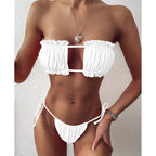 Bikini  Pleated Swimsuit Female Swimwear Women's  Ruffle Tie Side Bikini Set High Cut Strapless Padded Solid Bathing Suit Women Mini Thong Bikini Set Bather Swimming Beachwear For Bathing Suit Stevvex