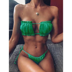 Bikini  Pleated Swimsuit Female Swimwear Women's  Ruffle Tie Side Bikini Set High Cut Strapless Padded Solid Bathing Suit Women Mini Thong Bikini Set Bather Swimming Beachwear For Bathing Suit Stevvex