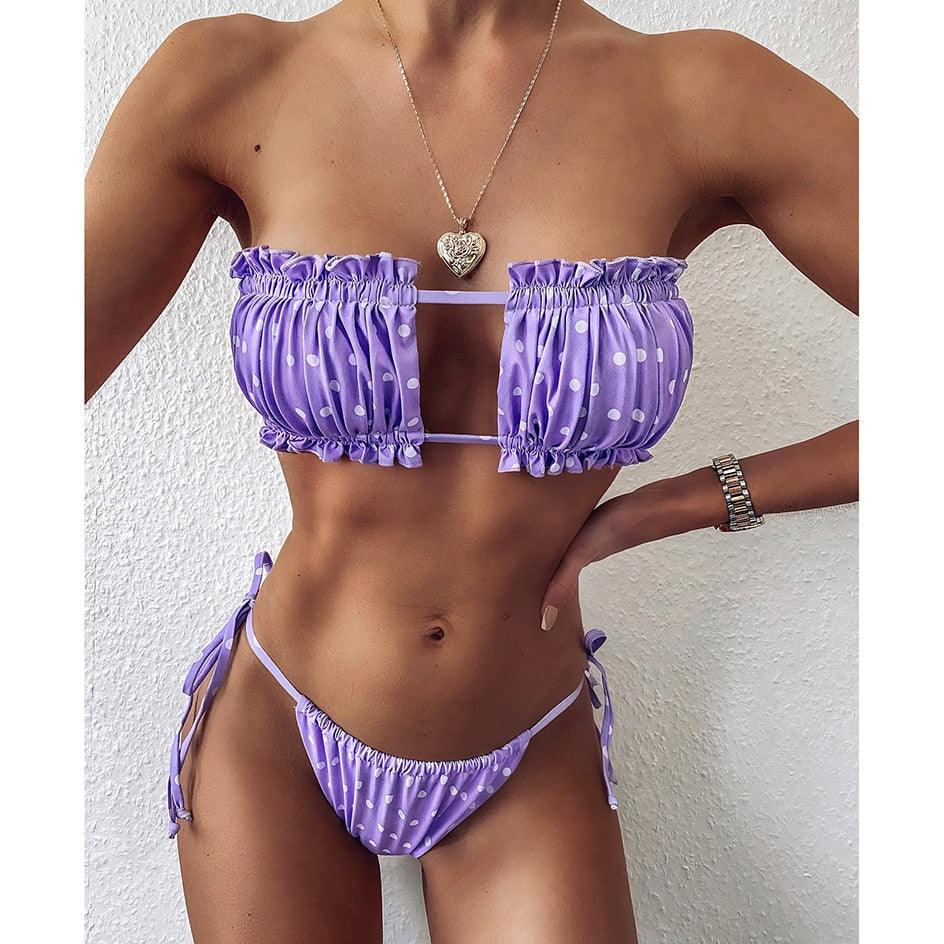 Bikini  Pleated Swimsuit Female Swimwear Women's  Ruffle Tie Side Bikini Set High Cut Strapless Padded Solid Bathing Suit Women Mini Thong Bikini Set Bather Swimming Beachwear For Bathing Suit Stevvex
