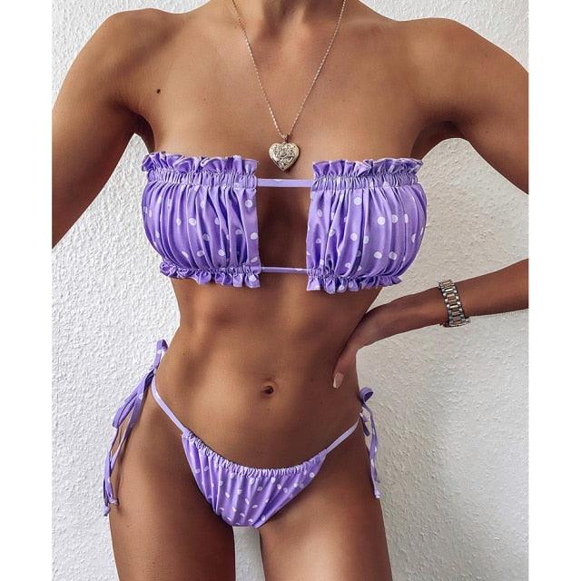 Bikini  Pleated Swimsuit Female Swimwear Women's  Ruffle Tie Side Bikini Set High Cut Strapless Padded Solid Bathing Suit Women Mini Thong Bikini Set Bather Swimming Beachwear For Bathing Suit Stevvex