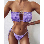 Bikini  Pleated Swimsuit Female Swimwear Women's  Ruffle Tie Side Bikini Set High Cut Strapless Padded Solid Bathing Suit Women Mini Thong Bikini Set Bather Swimming Beachwear For Bathing Suit Stevvex