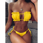 Bikini  Pleated Swimsuit Female Swimwear Women's  Ruffle Tie Side Bikini Set High Cut Strapless Padded Solid Bathing Suit Women Mini Thong Bikini Set Bather Swimming Beachwear For Bathing Suit Stevvex