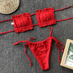 Bikini  Pleated Swimsuit Female Swimwear Women's  Ruffle Tie Side Bikini Set High Cut Strapless Padded Solid Bathing Suit Women Mini Thong Bikini Set Bather Swimming Beachwear For Bathing Suit Stevvex