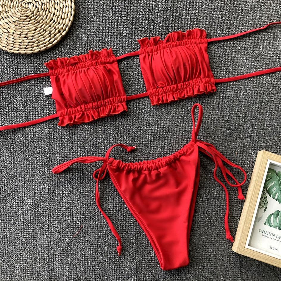 Bikini  Pleated Swimsuit Female Swimwear Women's  Ruffle Tie Side Bikini Set High Cut Strapless Padded Solid Bathing Suit Women Mini Thong Bikini Set Bather Swimming Beachwear For Bathing Suit Stevvex