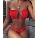 Bikini  Pleated Swimsuit Female Swimwear Women's  Ruffle Tie Side Bikini Set High Cut Strapless Padded Solid Bathing Suit Women Mini Thong Bikini Set Bather Swimming Beachwear For Bathing Suit Stevvex