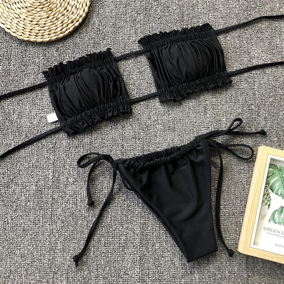 Bikini  Pleated Swimsuit Female Swimwear Women's  Ruffle Tie Side Bikini Set High Cut Strapless Padded Solid Bathing Suit Women Mini Thong Bikini Set Bather Swimming Beachwear For Bathing Suit Stevvex