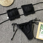 Bikini  Pleated Swimsuit Female Swimwear Women's  Ruffle Tie Side Bikini Set High Cut Strapless Padded Solid Bathing Suit Women Mini Thong Bikini Set Bather Swimming Beachwear For Bathing Suit Stevvex