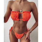 Bikini  Pleated Swimsuit Female Swimwear Women's  Ruffle Tie Side Bikini Set High Cut Strapless Padded Solid Bathing Suit Women Mini Thong Bikini Set Bather Swimming Beachwear For Bathing Suit Stevvex