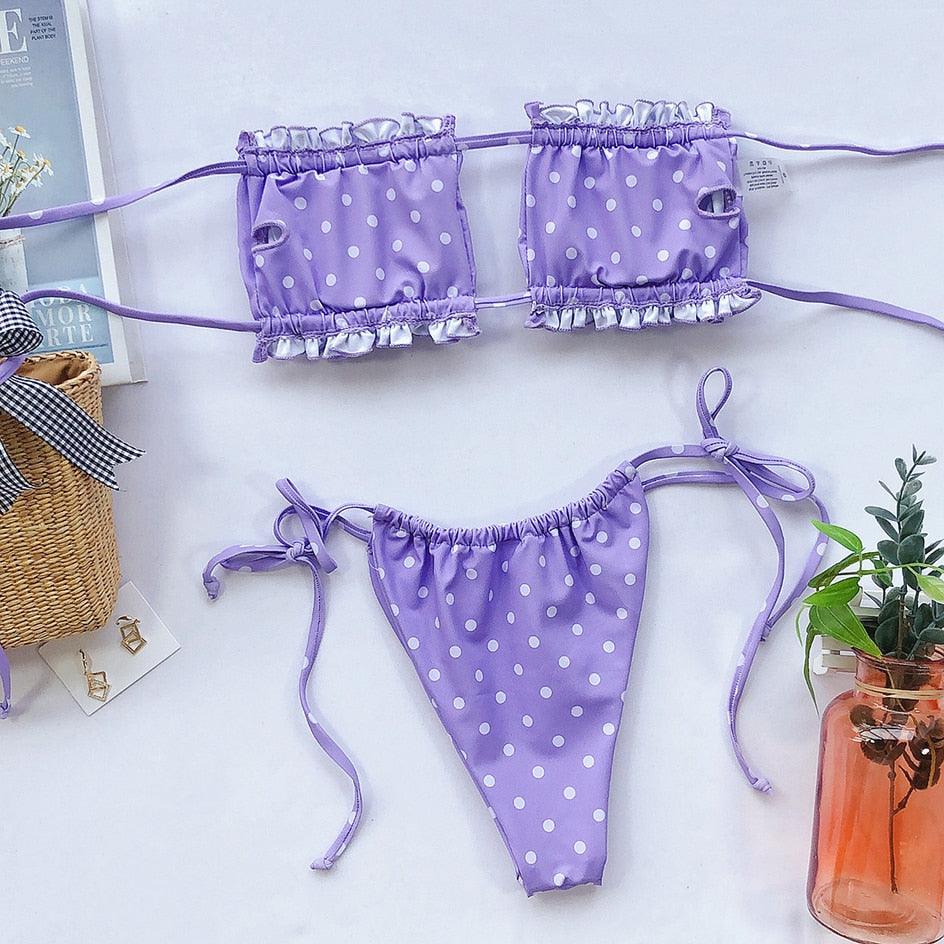 Bikini  Pleated Swimsuit Female Swimwear Women's  Ruffle Tie Side Bikini Set High Cut Strapless Padded Solid Bathing Suit Women Mini Thong Bikini Set Bather Swimming Beachwear For Bathing Suit Stevvex