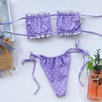 Bikini  Pleated Swimsuit Female Swimwear Women's  Ruffle Tie Side Bikini Set High Cut Strapless Padded Solid Bathing Suit Women Mini Thong Bikini Set Bather Swimming Beachwear For Bathing Suit Stevvex