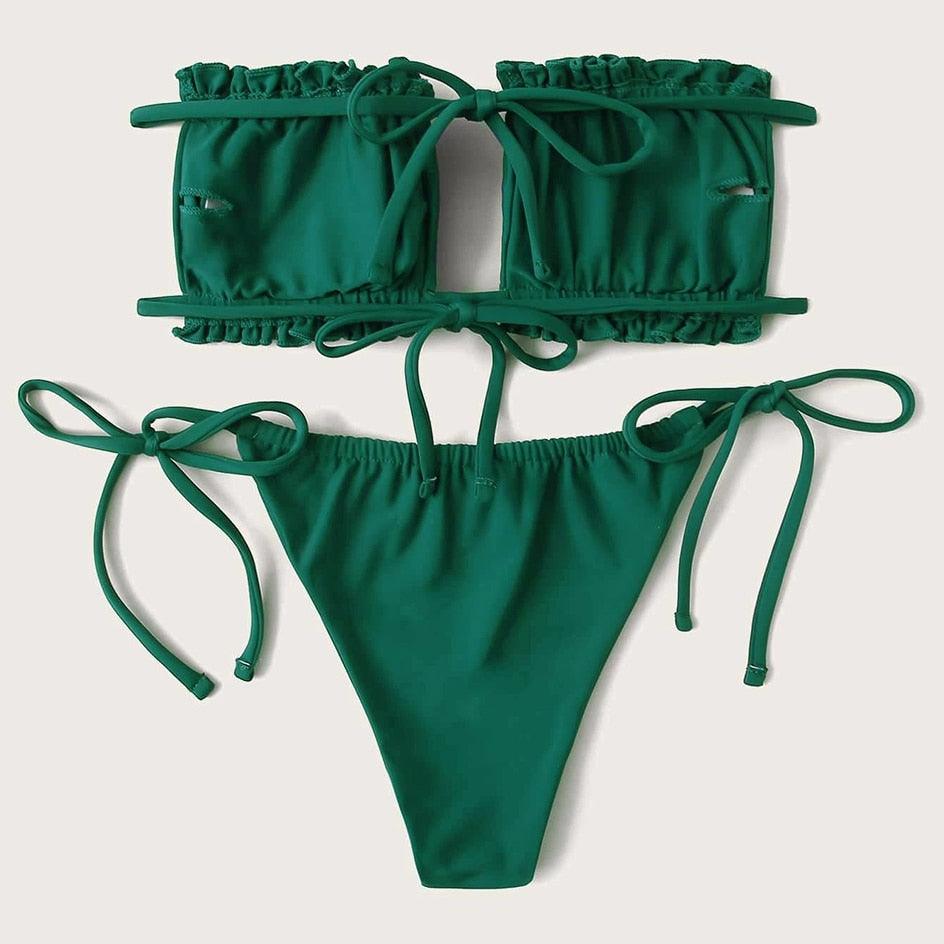 Bikini  Pleated Swimsuit Female Swimwear Women's  Ruffle Tie Side Bikini Set High Cut Strapless Padded Solid Bathing Suit Women Mini Thong Bikini Set Bather Swimming Beachwear For Bathing Suit Stevvex
