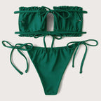 Bikini  Pleated Swimsuit Female Swimwear Women's  Ruffle Tie Side Bikini Set High Cut Strapless Padded Solid Bathing Suit Women Mini Thong Bikini Set Bather Swimming Beachwear For Bathing Suit Stevvex