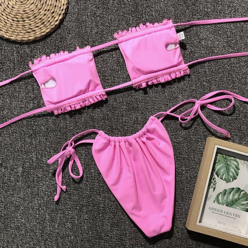 Bikini  Pleated Swimsuit Female Swimwear Women's  Ruffle Tie Side Bikini Set High Cut Strapless Padded Solid Bathing Suit Women Mini Thong Bikini Set Bather Swimming Beachwear For Bathing Suit Stevvex
