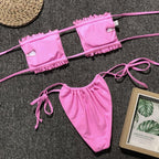 Bikini  Pleated Swimsuit Female Swimwear Women's  Ruffle Tie Side Bikini Set High Cut Strapless Padded Solid Bathing Suit Women Mini Thong Bikini Set Bather Swimming Beachwear For Bathing Suit Stevvex