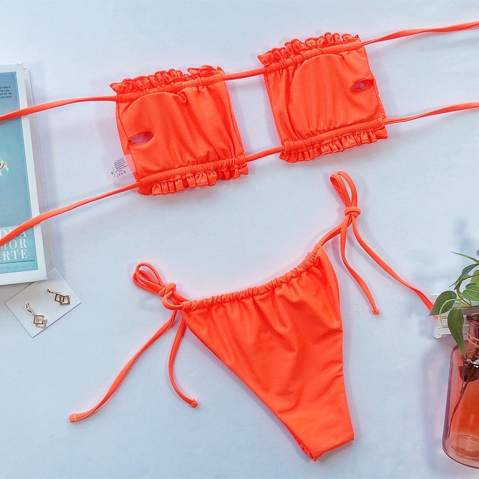 Bikini  Pleated Swimsuit Female Swimwear Women's  Ruffle Tie Side Bikini Set High Cut Strapless Padded Solid Bathing Suit Women Mini Thong Bikini Set Bather Swimming Beachwear For Bathing Suit Stevvex
