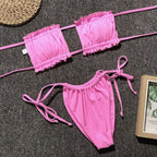 Bikini  Pleated Swimsuit Female Swimwear Women's  Ruffle Tie Side Bikini Set High Cut Strapless Padded Solid Bathing Suit Women Mini Thong Bikini Set Bather Swimming Beachwear For Bathing Suit Stevvex
