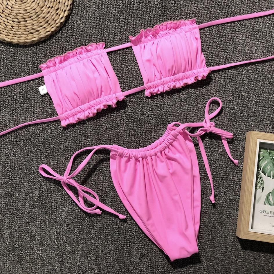 Bikini  Pleated Swimsuit Female Swimwear Women's  Ruffle Tie Side Bikini Set High Cut Strapless Padded Solid Bathing Suit Women Mini Thong Bikini Set Bather Swimming Beachwear For Bathing Suit Stevvex