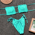 Bikini  Pleated Swimsuit Female Swimwear Women's  Ruffle Tie Side Bikini Set High Cut Strapless Padded Solid Bathing Suit Women Mini Thong Bikini Set Bather Swimming Beachwear For Bathing Suit Stevvex