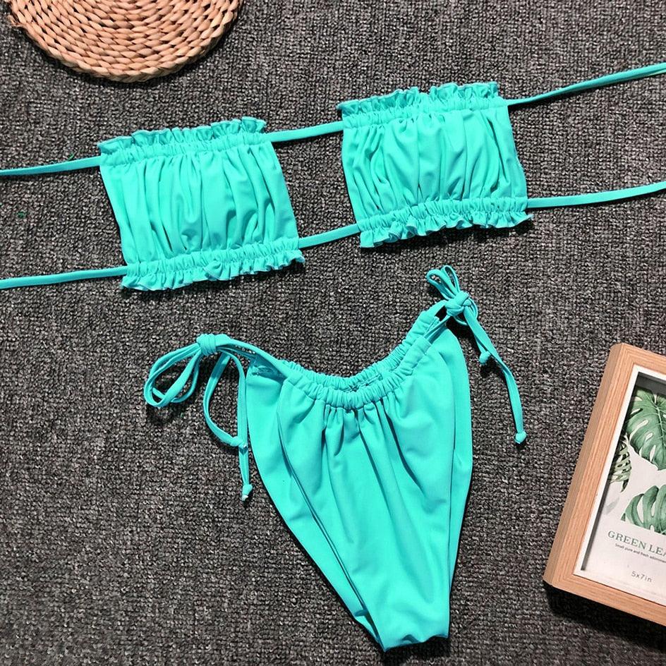 Bikini  Pleated Swimsuit Female Swimwear Women's  Ruffle Tie Side Bikini Set High Cut Strapless Padded Solid Bathing Suit Women Mini Thong Bikini Set Bather Swimming Beachwear For Bathing Suit Stevvex