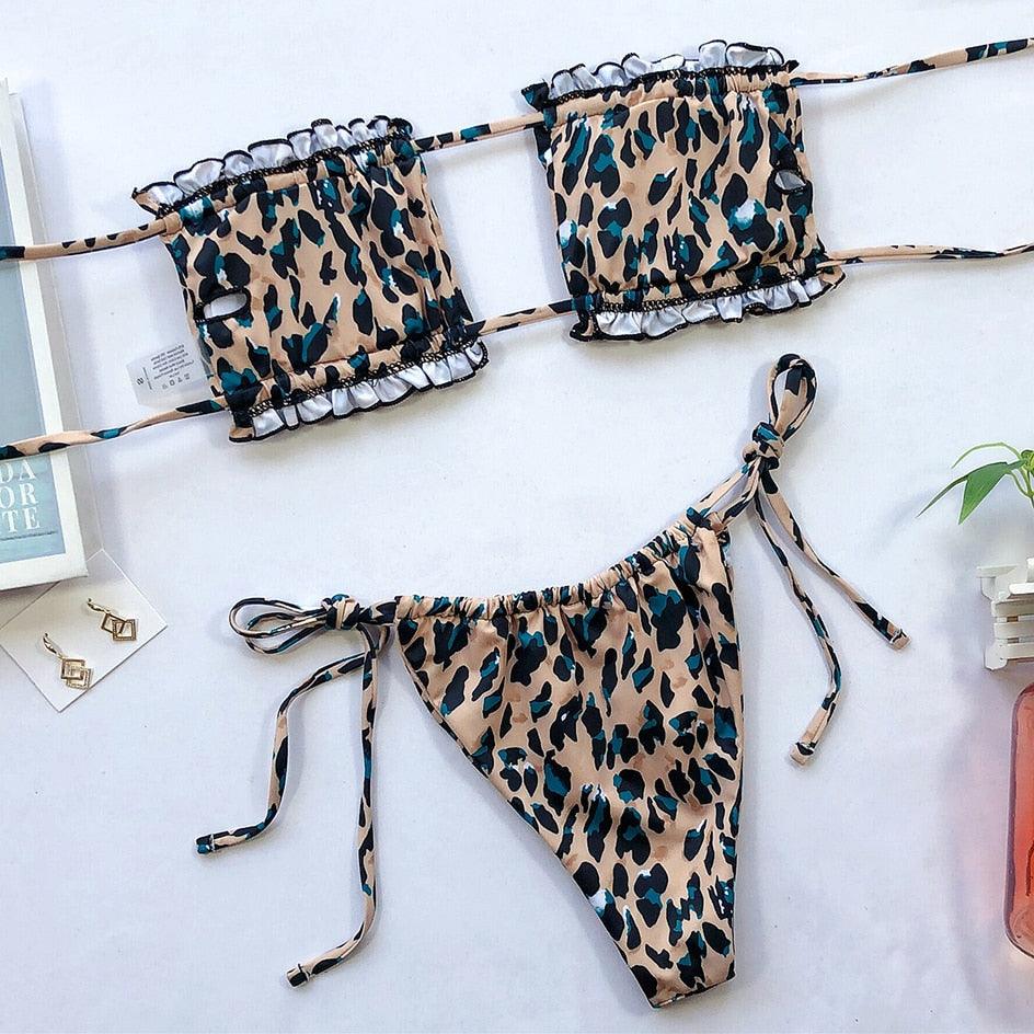 Bikini  Pleated Swimsuit Female Swimwear Women's  Ruffle Tie Side Bikini Set High Cut Strapless Padded Solid Bathing Suit Women Mini Thong Bikini Set Bather Swimming Beachwear For Bathing Suit Stevvex