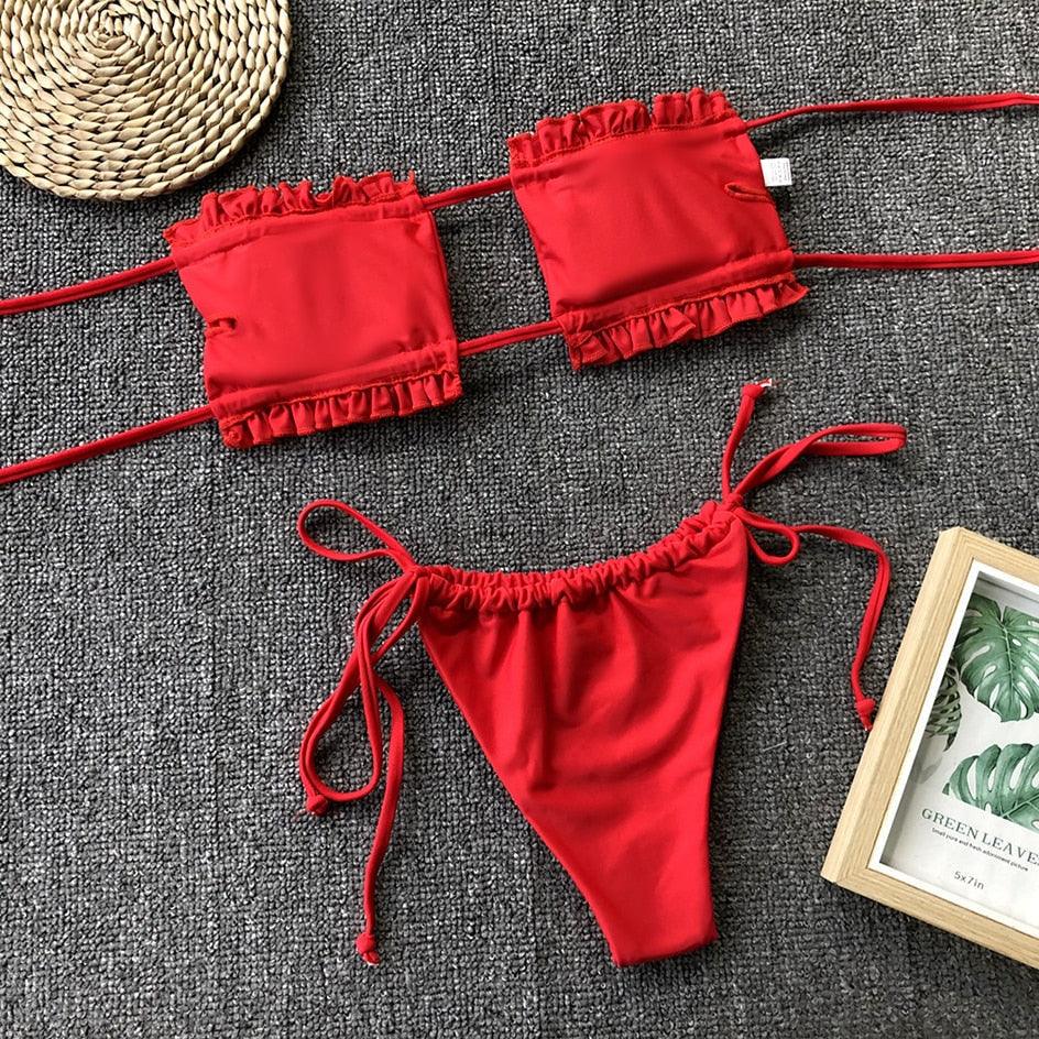 Bikini  Pleated Swimsuit Female Swimwear Women's  Ruffle Tie Side Bikini Set High Cut Strapless Padded Solid Bathing Suit Women Mini Thong Bikini Set Bather Swimming Beachwear For Bathing Suit Stevvex