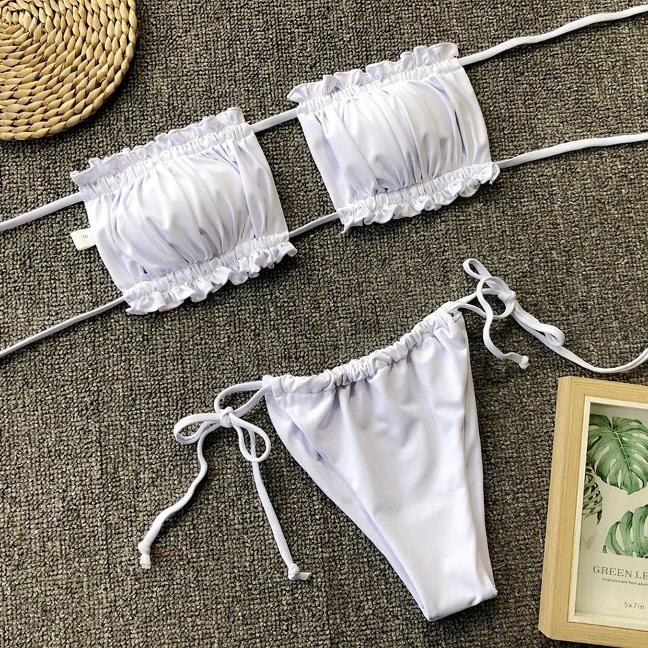 Bikini  Pleated Swimsuit Female Swimwear Women's  Ruffle Tie Side Bikini Set High Cut Strapless Padded Solid Bathing Suit Women Mini Thong Bikini Set Bather Swimming Beachwear For Bathing Suit Stevvex