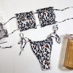 Bikini  Pleated Swimsuit Female Swimwear Women's  Ruffle Tie Side Bikini Set High Cut Strapless Padded Solid Bathing Suit Women Mini Thong Bikini Set Bather Swimming Beachwear For Bathing Suit Stevvex