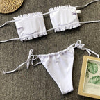 Bikini  Pleated Swimsuit Female Swimwear Women's  Ruffle Tie Side Bikini Set High Cut Strapless Padded Solid Bathing Suit Women Mini Thong Bikini Set Bather Swimming Beachwear For Bathing Suit Stevvex