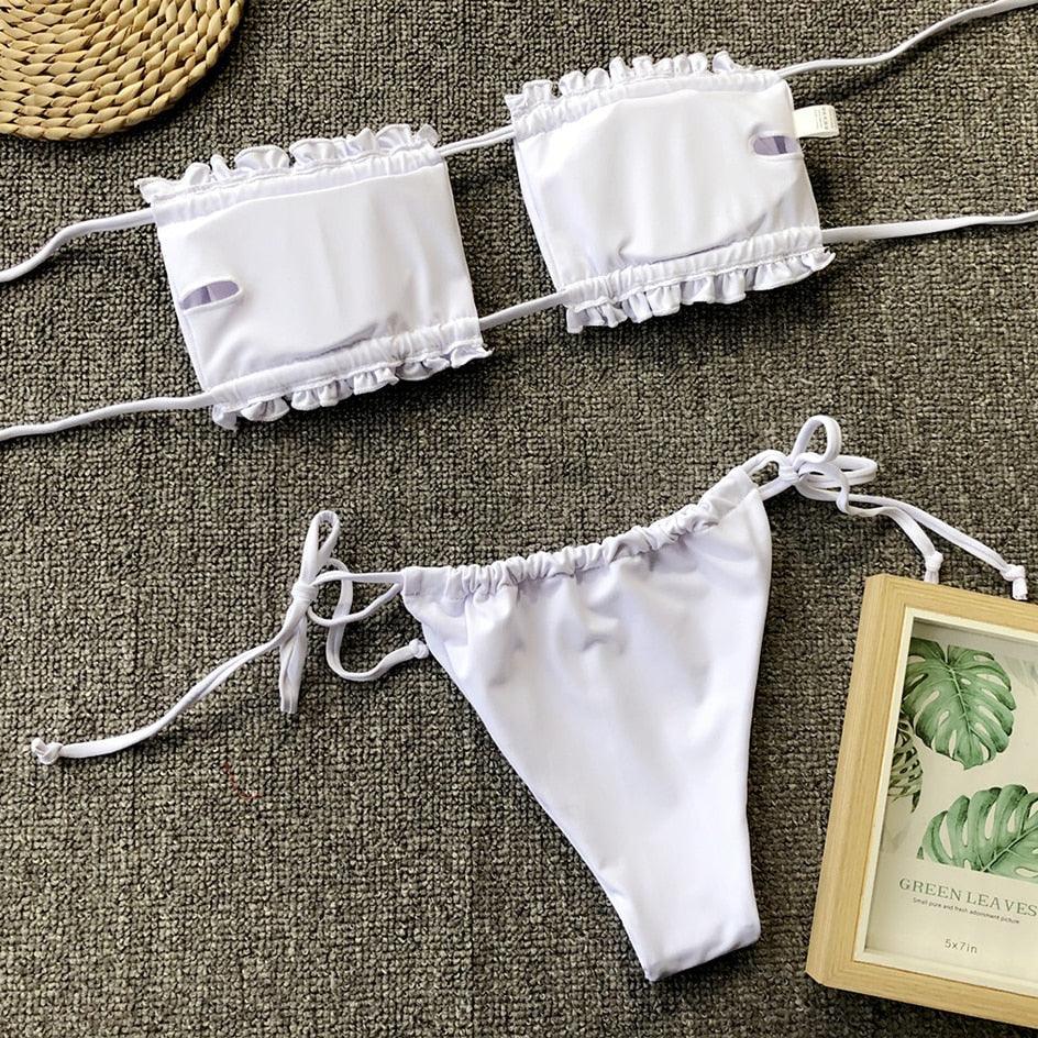 Bikini  Pleated Swimsuit Female Swimwear Women's  Ruffle Tie Side Bikini Set High Cut Strapless Padded Solid Bathing Suit Women Mini Thong Bikini Set Bather Swimming Beachwear For Bathing Suit Stevvex
