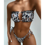 Bikini  Pleated Swimsuit Female Swimwear Women's  Ruffle Tie Side Bikini Set High Cut Strapless Padded Solid Bathing Suit Women Mini Thong Bikini Set Bather Swimming Beachwear For Bathing Suit Stevvex