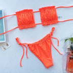 Bikini  Pleated Swimsuit Female Swimwear Women's  Ruffle Tie Side Bikini Set High Cut Strapless Padded Solid Bathing Suit Women Mini Thong Bikini Set Bather Swimming Beachwear For Bathing Suit Stevvex
