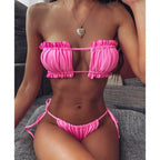 Bikini  Pleated Swimsuit Female Swimwear Women's  Ruffle Tie Side Bikini Set High Cut Strapless Padded Solid Bathing Suit Women Mini Thong Bikini Set Bather Swimming Beachwear For Bathing Suit Stevvex