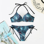 Bikini Push Up New Swimwear Women Print Floral Bikinis Set Swimsuit Bathing Suit Two Piece Summer Beach Wear Floral Leaf Print Bikini Set Padded Lace Up Straps Bikini Beach Swimsuit Stevvex