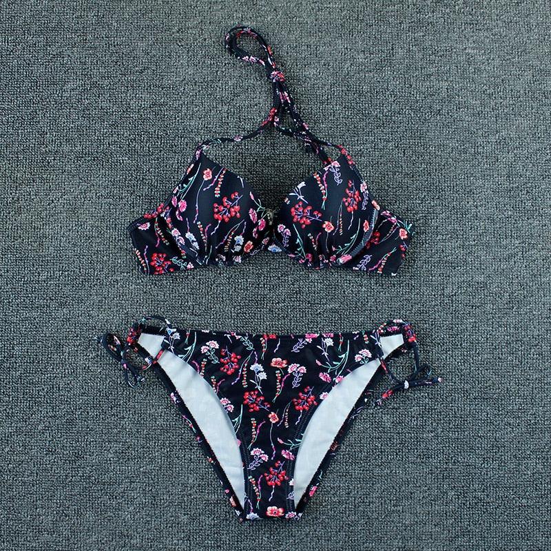 Bikini Push Up New Swimwear Women Print Floral Bikinis Set Swimsuit Bathing Suit Two Piece Summer Beach Wear Floral Leaf Print Bikini Set Padded Lace Up Straps Bikini Beach Swimsuit Stevvex