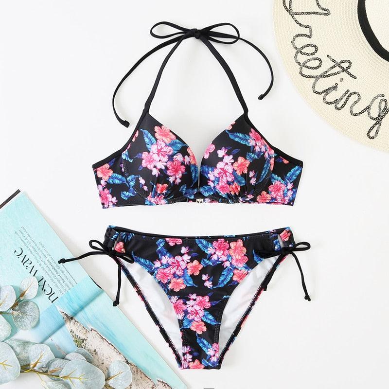Bikini Push Up New Swimwear Women Print Floral Bikinis Set Swimsuit Bathing Suit Two Piece Summer Beach Wear Floral Leaf Print Bikini Set Padded Lace Up Straps Bikini Beach Swimsuit Stevvex