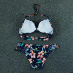 Bikini Push Up New Swimwear Women Print Floral Bikinis Set Swimsuit Bathing Suit Two Piece Summer Beach Wear Floral Leaf Print Bikini Set Padded Lace Up Straps Bikini Beach Swimsuit Stevvex