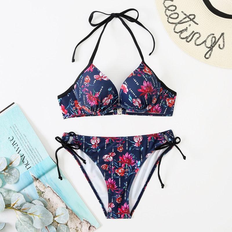 Bikini Push Up New Swimwear Women Print Floral Bikinis Set Swimsuit Bathing Suit Two Piece Summer Beach Wear Floral Leaf Print Bikini Set Padded Lace Up Straps Bikini Beach Swimsuit Stevvex