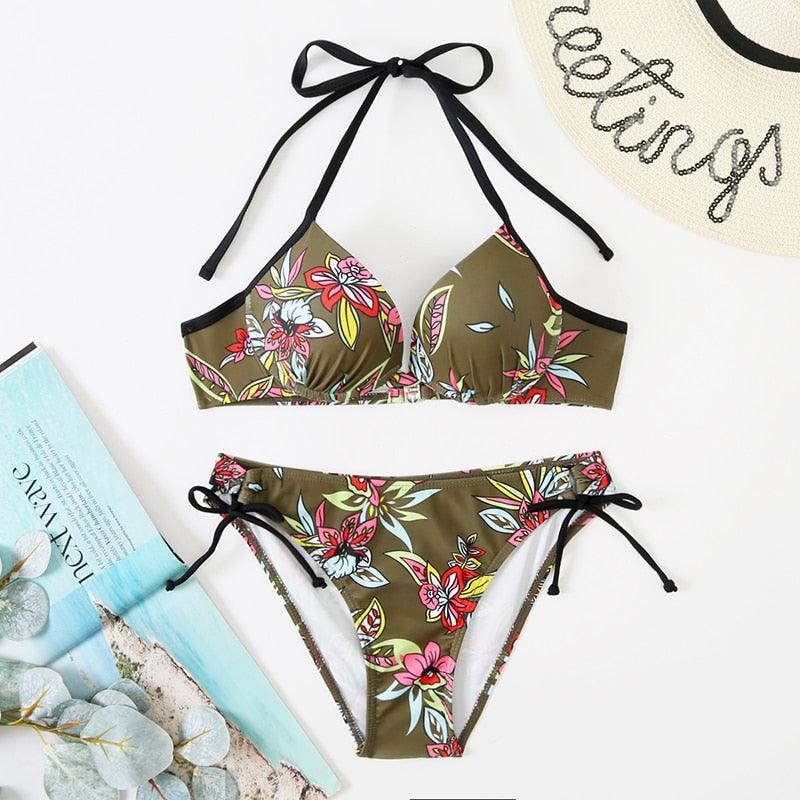 Bikini Push Up New Swimwear Women Print Floral Bikinis Set Swimsuit Bathing Suit Two Piece Summer Beach Wear Floral Leaf Print Bikini Set Padded Lace Up Straps Bikini Beach Swimsuit Stevvex