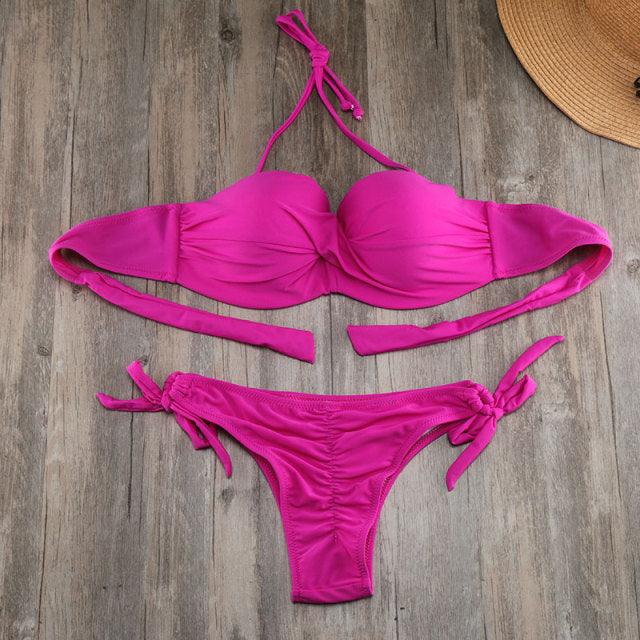 Bikini Solid Strappy Bandage Bikinis Set White Push Up Bikini Swimwear Swimsuit Bathing Suit Women's Ribbed Tie Bikini Adjustable Lace Up Bottom String Women Swimsuit Stevvex