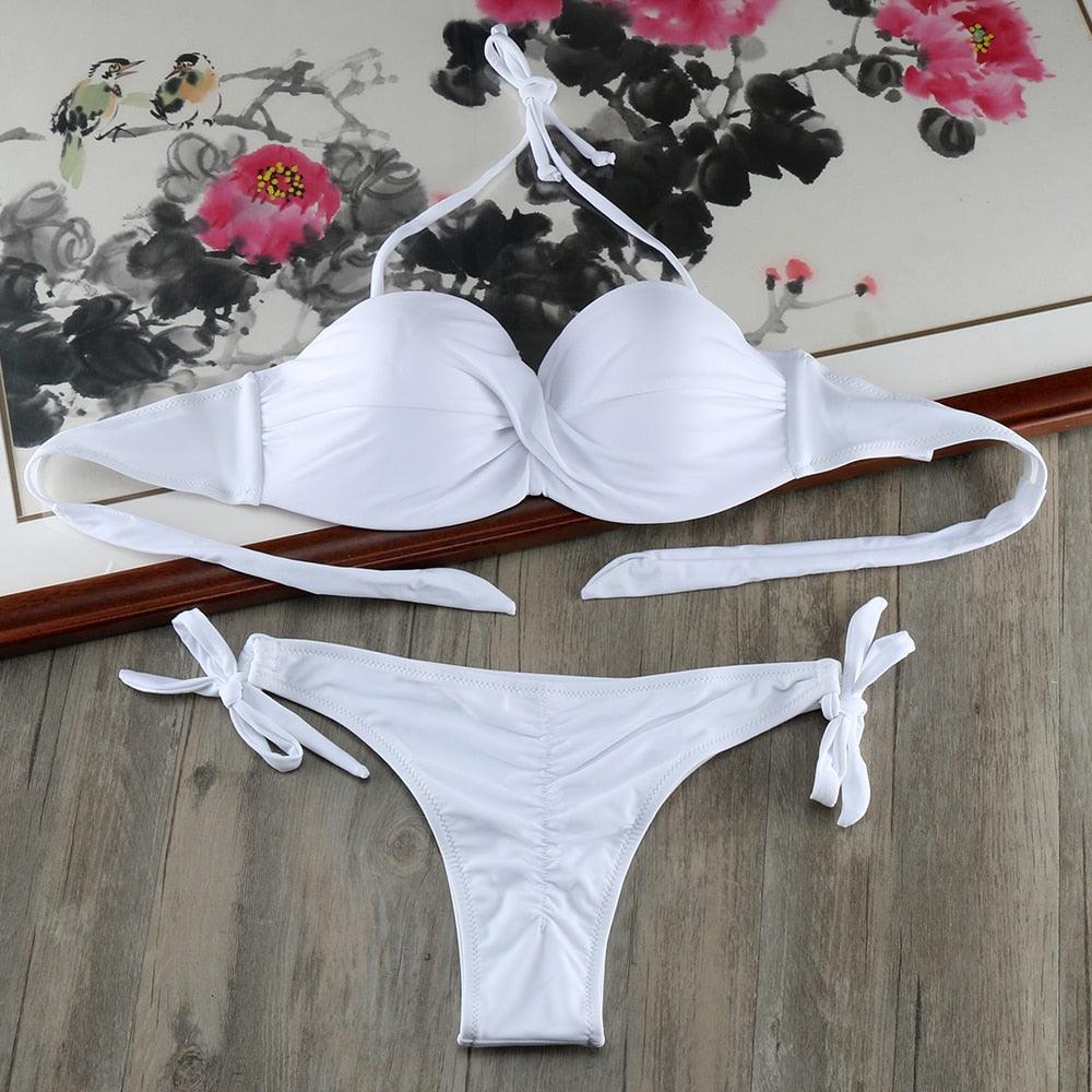 Bikini Solid Strappy Bandage Bikinis Set White Push Up Bikini Swimwear Swimsuit Bathing Suit Women's Ribbed Tie Bikini Adjustable Lace Up Bottom String Women Swimsuit Stevvex