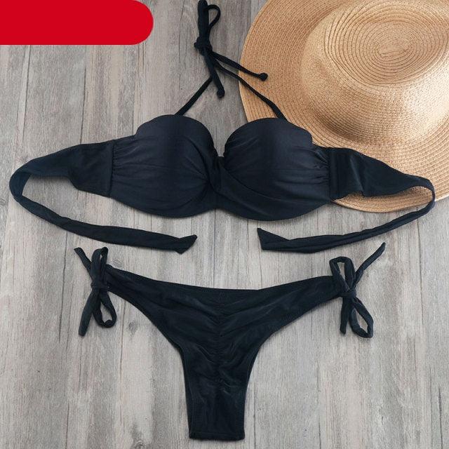 Bikini Solid Strappy Bandage Bikinis Set White Push Up Bikini Swimwear Swimsuit Bathing Suit Women's Ribbed Tie Bikini Adjustable Lace Up Bottom String Women Swimsuit Stevvex