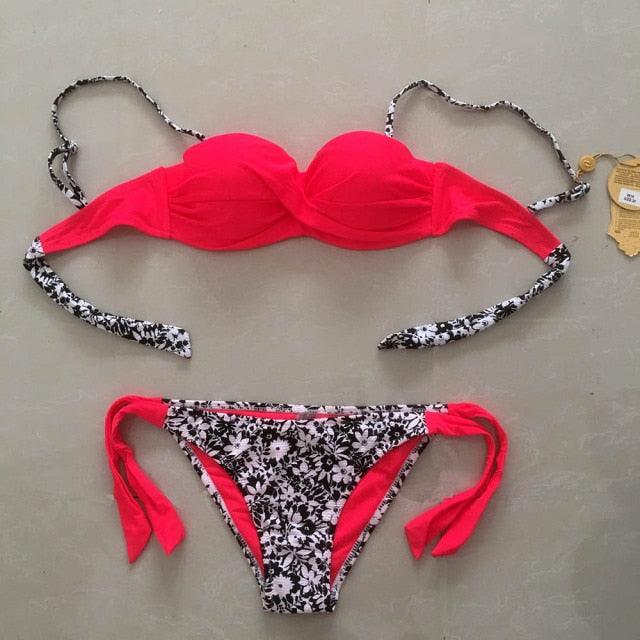 Bikini Solid Strappy Bandage Bikinis Set White Push Up Bikini Swimwear Swimsuit Bathing Suit Women's Ribbed Tie Bikini Adjustable Lace Up Bottom String Women Swimsuit Stevvex