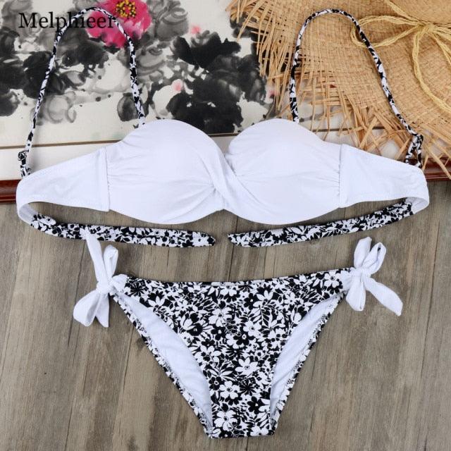 Bikini Solid Strappy Bandage Bikinis Set White Push Up Bikini Swimwear Swimsuit Bathing Suit Women's Ribbed Tie Bikini Adjustable Lace Up Bottom String Women Swimsuit Stevvex