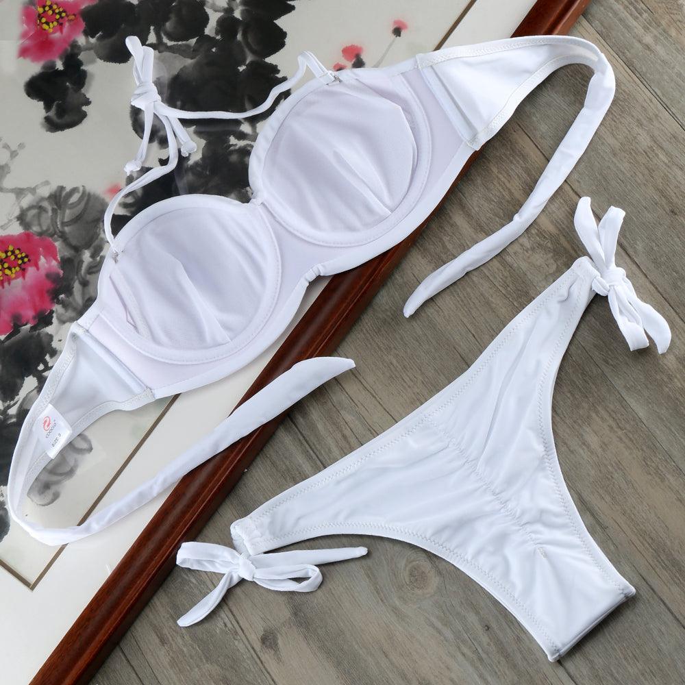 Bikini Solid Strappy Bandage Bikinis Set White Push Up Bikini Swimwear Swimsuit Bathing Suit Women's Ribbed Tie Bikini Adjustable Lace Up Bottom String Women Swimsuit Stevvex