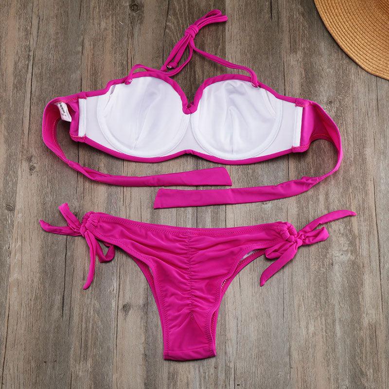 Bikini Solid Strappy Bandage Bikinis Set White Push Up Bikini Swimwear Swimsuit Bathing Suit Women's Ribbed Tie Bikini Adjustable Lace Up Bottom String Women Swimsuit Stevvex