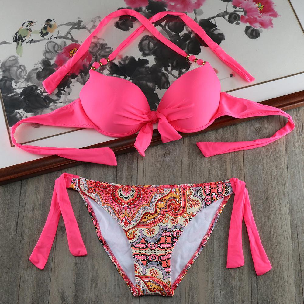 Bikini Solid Strappy Bandage Bikinis Set White Push Up Bikini Swimwear Swimsuit Bathing Suit Women's Ribbed Tie Bikini Adjustable Lace Up Bottom String Women Swimsuit Stevvex
